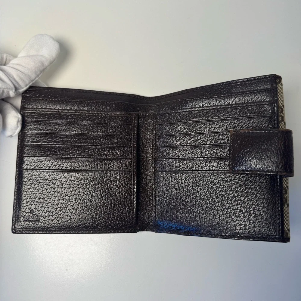 Gucci Signature Tan and Brown Canvas Monogram Bi Fold Wallet